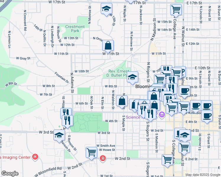 map of restaurants, bars, coffee shops, grocery stores, and more near 919 West 8th Street in Bloomington