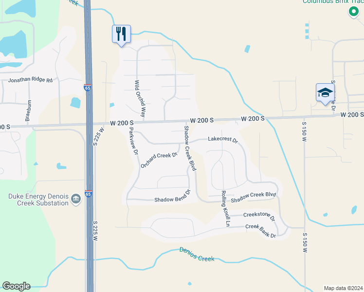 map of restaurants, bars, coffee shops, grocery stores, and more near 2309 Orchard Creek Drive in Columbus