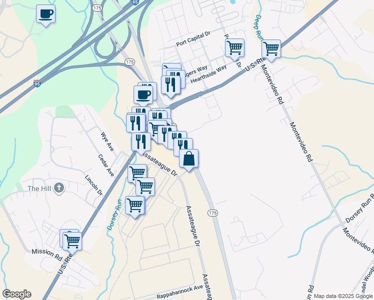 map of restaurants, bars, coffee shops, grocery stores, and more near 7275 Waterloo Road in Jessup