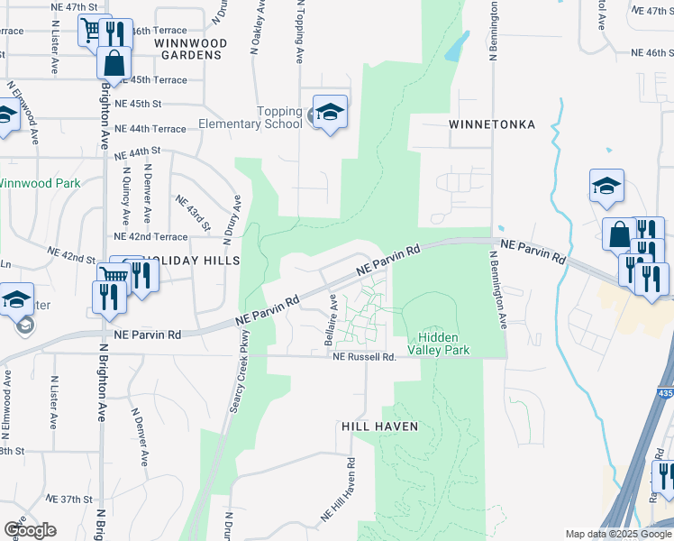 map of restaurants, bars, coffee shops, grocery stores, and more near 5913 Northeast 42nd Street in Kansas City