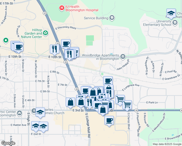 map of restaurants, bars, coffee shops, grocery stores, and more near 3073 East Amy Lane in Bloomington