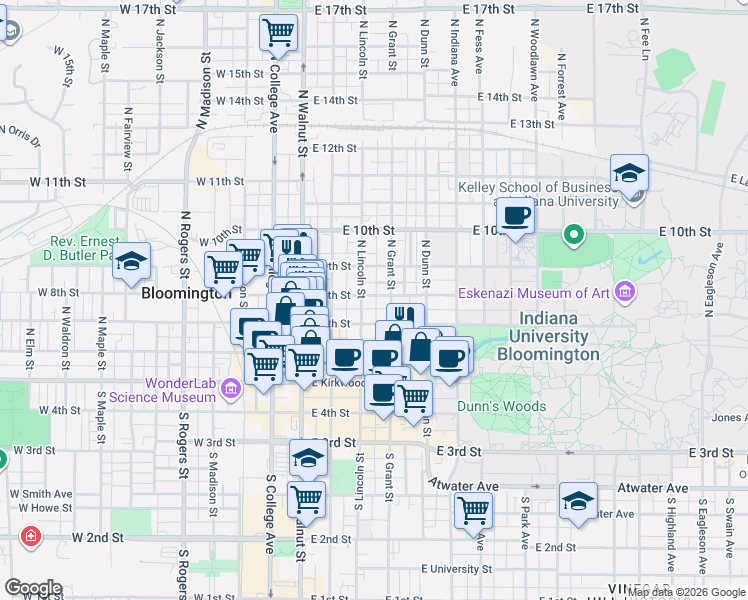 map of restaurants, bars, coffee shops, grocery stores, and more near 312 East 8th Street in Bloomington