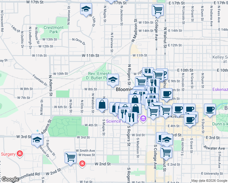 map of restaurants, bars, coffee shops, grocery stores, and more near 627 West 8th Street in Bloomington