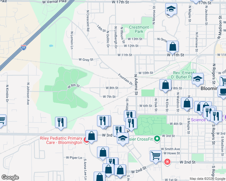 map of restaurants, bars, coffee shops, grocery stores, and more near 1521 West 8th Street in Bloomington