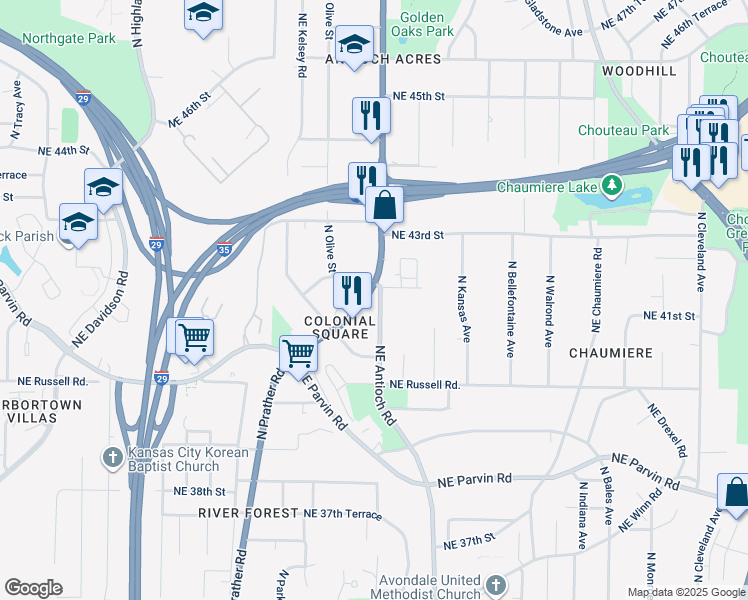 map of restaurants, bars, coffee shops, grocery stores, and more near 4130 Northeast Antioch Road in Kansas City