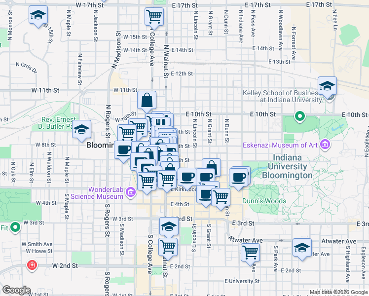 map of restaurants, bars, coffee shops, grocery stores, and more near 203 East 8th Street in Bloomington