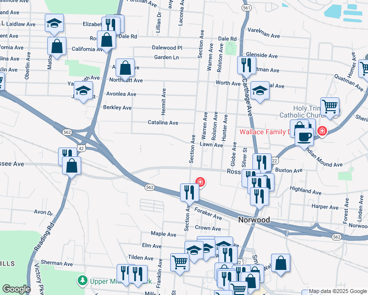 map of restaurants, bars, coffee shops, grocery stores, and more near 1945 Lawn Avenue in Cincinnati