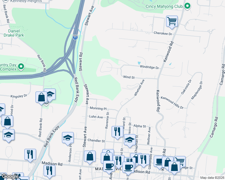 map of restaurants, bars, coffee shops, grocery stores, and more near 5899 Jordan Lane in Cincinnati