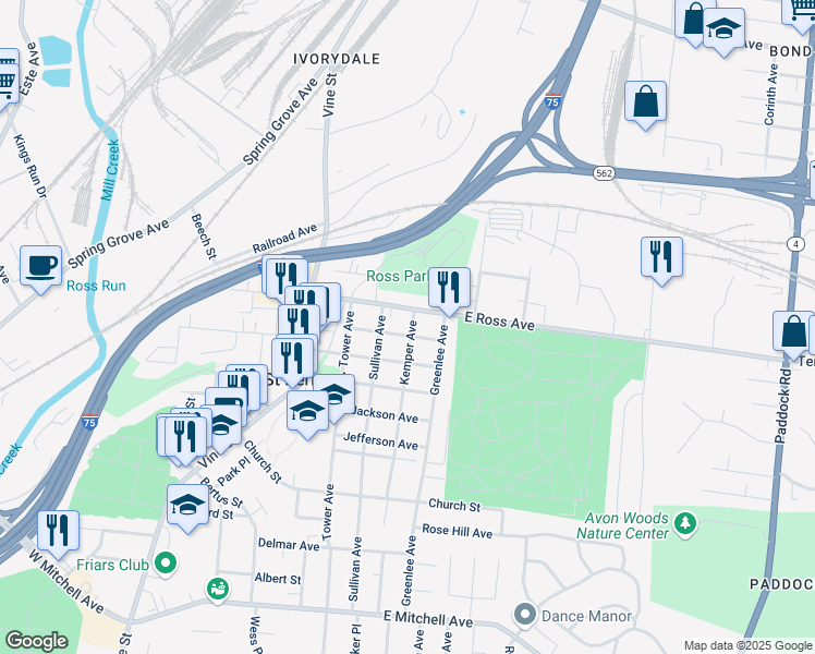 map of restaurants, bars, coffee shops, grocery stores, and more near 320 Cleveland Avenue in Cincinnati