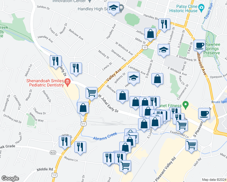map of restaurants, bars, coffee shops, grocery stores, and more near 276 Bellview Avenue in Winchester