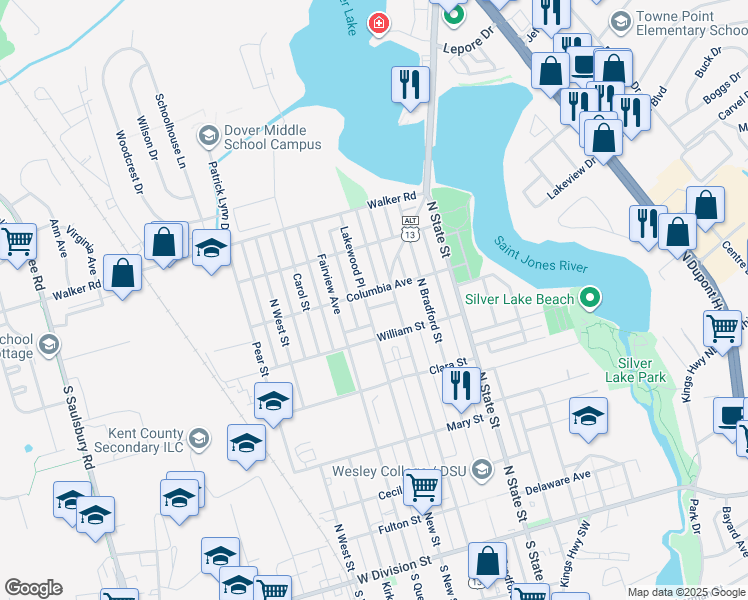 map of restaurants, bars, coffee shops, grocery stores, and more near 224 Columbia Avenue in Dover