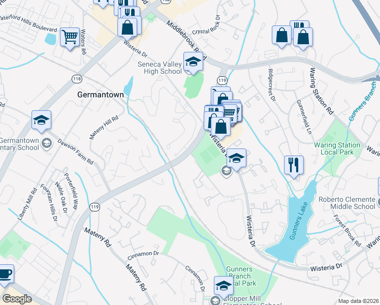 map of restaurants, bars, coffee shops, grocery stores, and more near Great Seneca Highway & Grey Eagle Court in Germantown