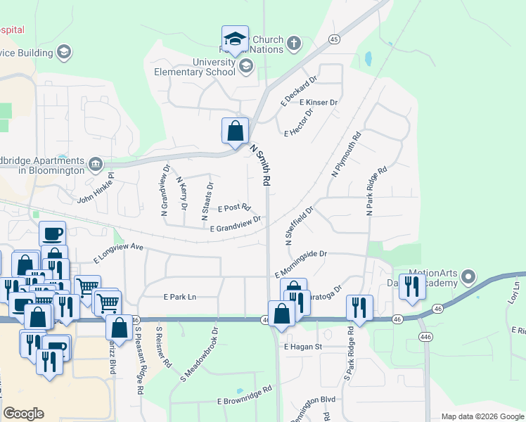map of restaurants, bars, coffee shops, grocery stores, and more near 510 North Smith Road in Bloomington