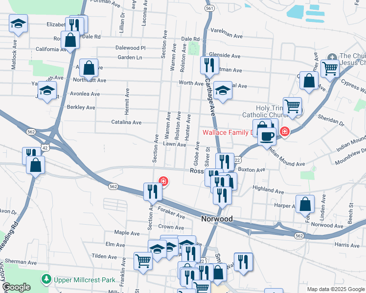 map of restaurants, bars, coffee shops, grocery stores, and more near 5142 Rolston Avenue in Cincinnati