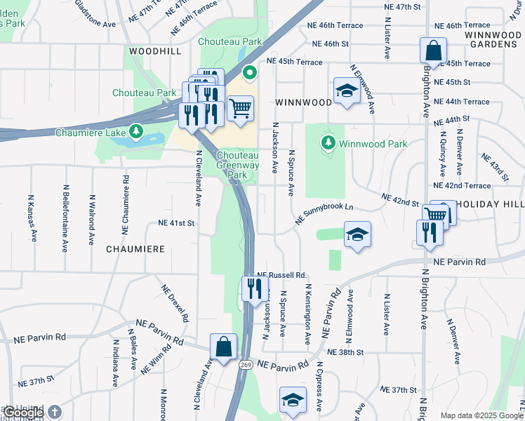 map of restaurants, bars, coffee shops, grocery stores, and more near 4133 Northeast Winn Road in Kansas City