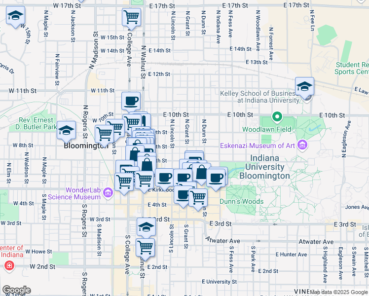 map of restaurants, bars, coffee shops, grocery stores, and more near 323 North Grant Street in Bloomington