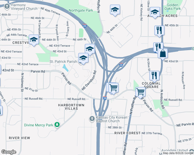 map of restaurants, bars, coffee shops, grocery stores, and more near 4131 Northeast Davidson Road in Kansas City