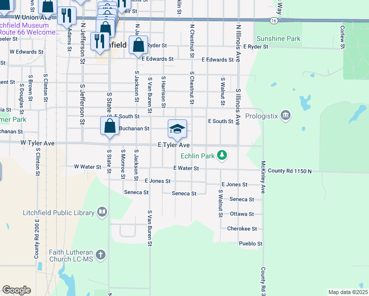 map of restaurants, bars, coffee shops, grocery stores, and more near 612 East Tyler Avenue in Litchfield