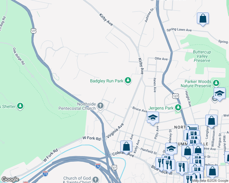 map of restaurants, bars, coffee shops, grocery stores, and more near 1942 Kentucky Avenue in Cincinnati