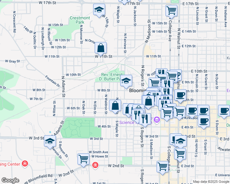 map of restaurants, bars, coffee shops, grocery stores, and more near 807 West 8th Street in Bloomington