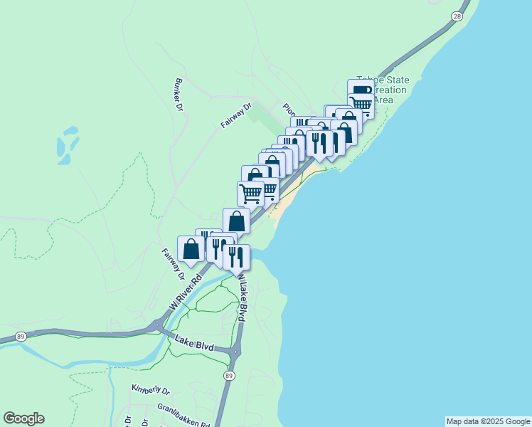 map of restaurants, bars, coffee shops, grocery stores, and more near 400 North Lake Boulevard in Tahoe City