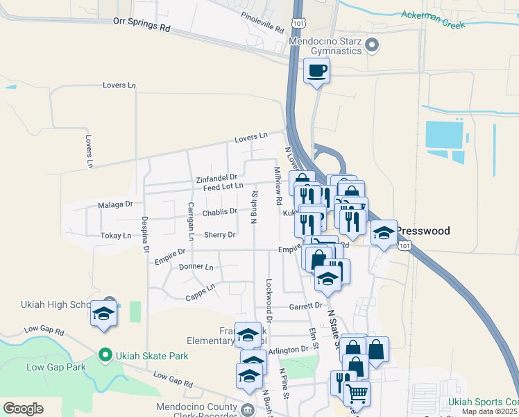 map of restaurants, bars, coffee shops, grocery stores, and more near 1553 North Bush Street in Ukiah