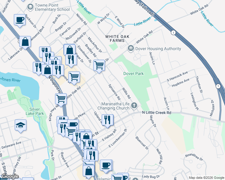 map of restaurants, bars, coffee shops, grocery stores, and more near 121 Spruance Road in Dover