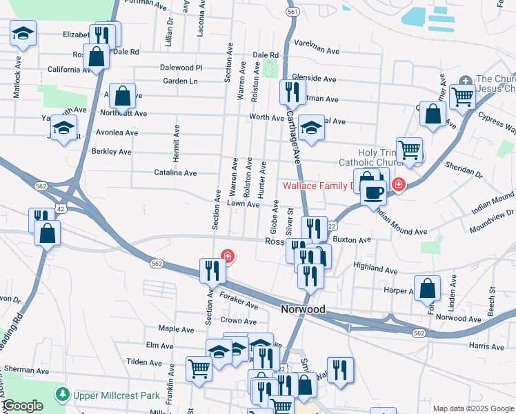 map of restaurants, bars, coffee shops, grocery stores, and more near 5142 Rolston Avenue in Cincinnati