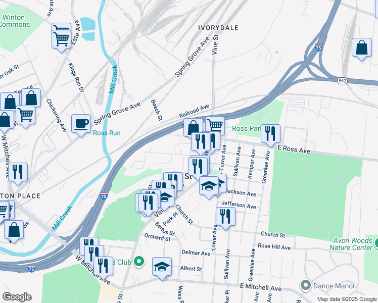 map of restaurants, bars, coffee shops, grocery stores, and more near 120 Bank Avenue in Cincinnati