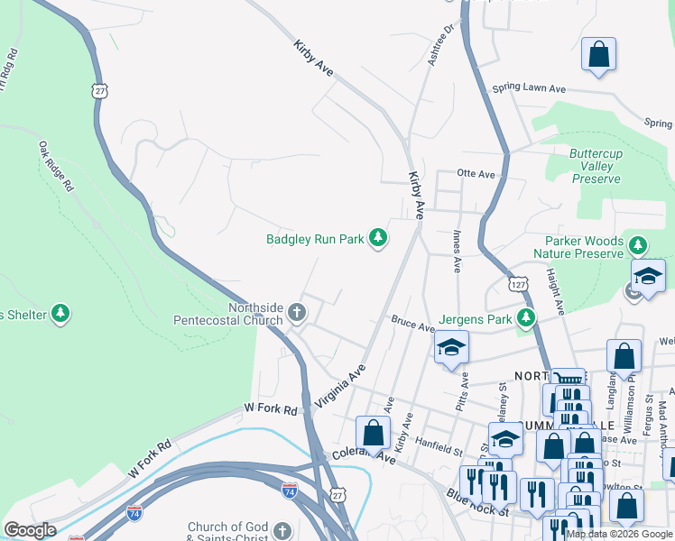 map of restaurants, bars, coffee shops, grocery stores, and more near 1942 Kentucky Avenue in Cincinnati