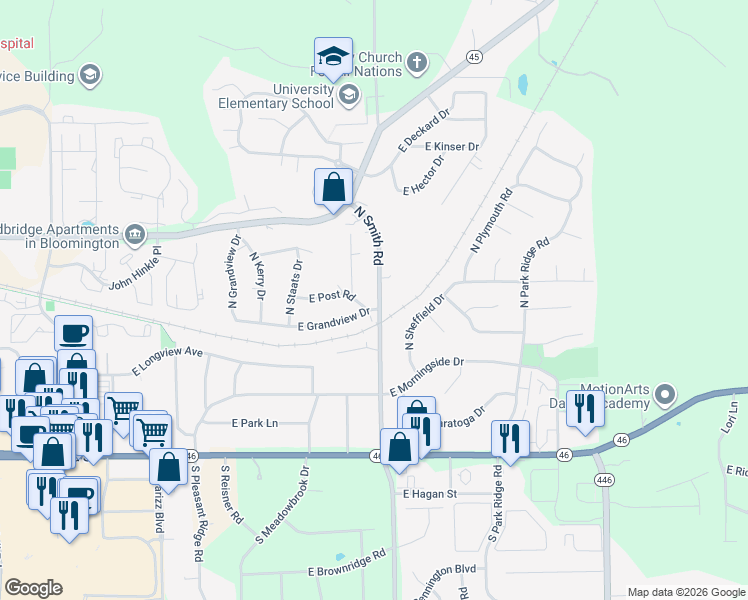 map of restaurants, bars, coffee shops, grocery stores, and more near 510 North Smith Road in Bloomington