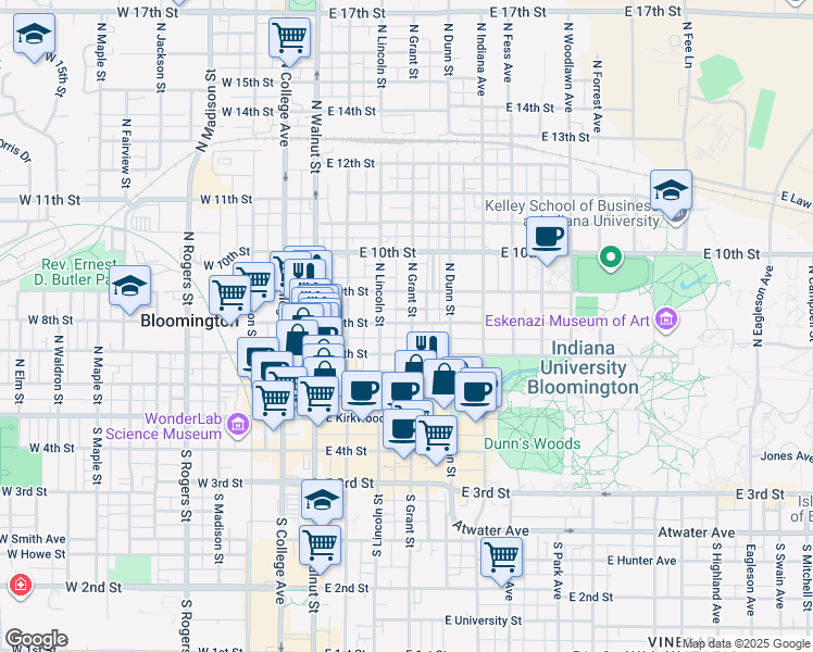 map of restaurants, bars, coffee shops, grocery stores, and more near 312 East 8th Street in Bloomington