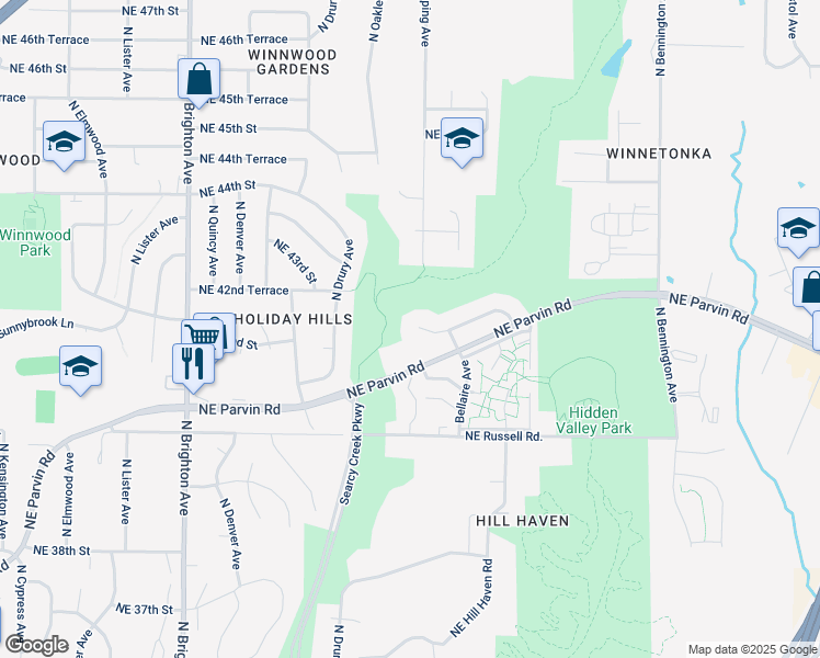 map of restaurants, bars, coffee shops, grocery stores, and more near 5822 Northeast 42 Street in Kansas City