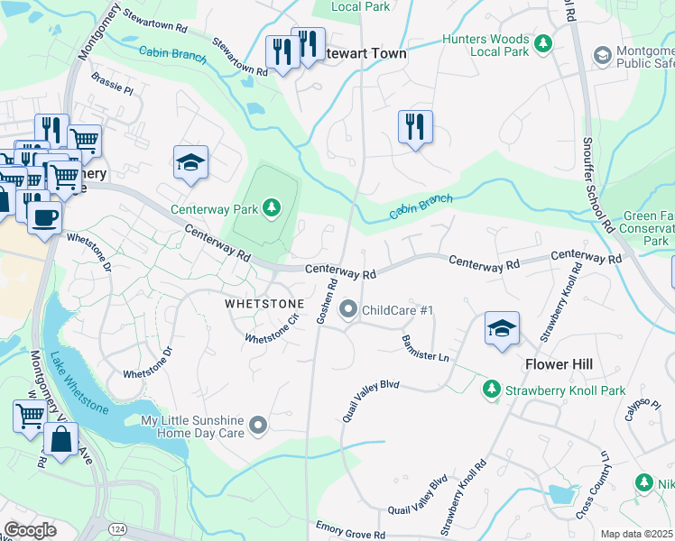 map of restaurants, bars, coffee shops, grocery stores, and more near Centerway Rd & Goshen Rd in Montgomery Village