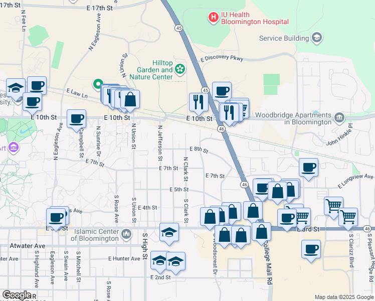 map of restaurants, bars, coffee shops, grocery stores, and more near 2400 East 8th Street in Bloomington