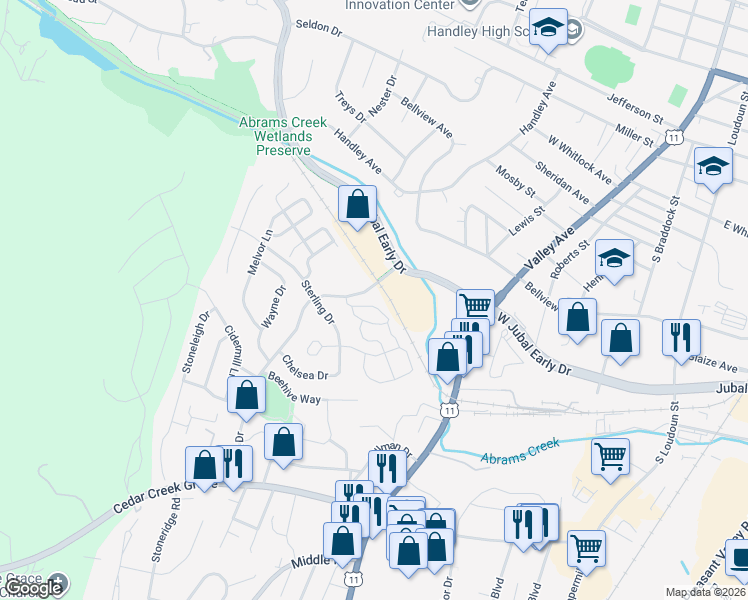 map of restaurants, bars, coffee shops, grocery stores, and more near 640 Pemberton Drive in Winchester