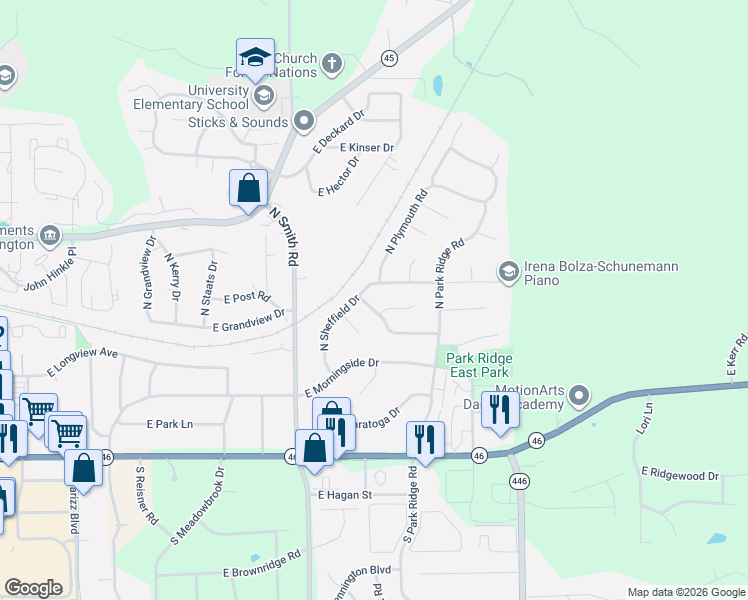 map of restaurants, bars, coffee shops, grocery stores, and more near 4109 East Cambridge Drive in Bloomington