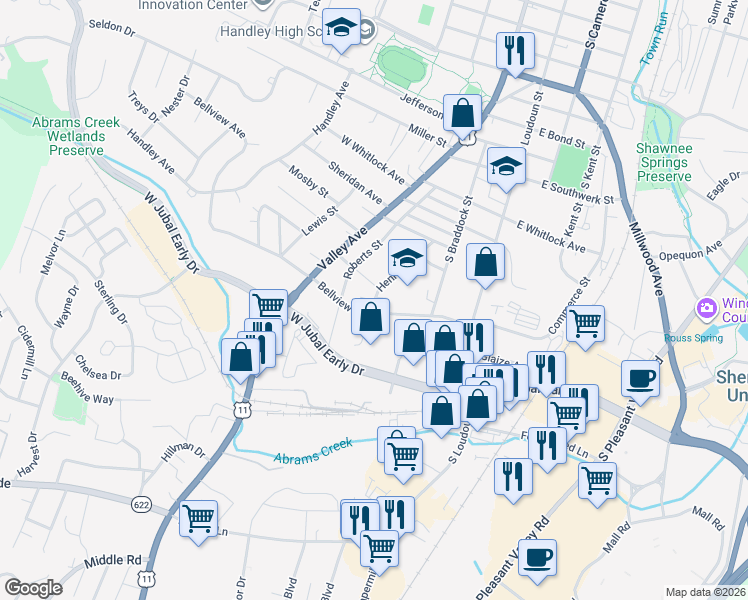 map of restaurants, bars, coffee shops, grocery stores, and more near 1807 Henry Avenue in Winchester