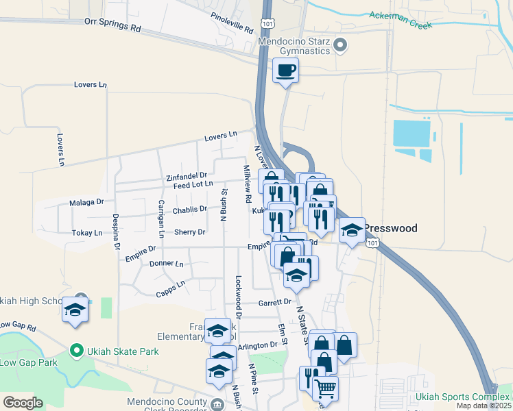 map of restaurants, bars, coffee shops, grocery stores, and more near 260 Kuki Road in Ukiah