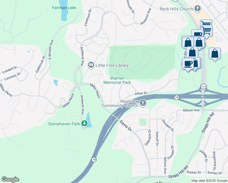 map of restaurants, bars, coffee shops, grocery stores, and more near 421 Warner Park Road in Manhattan