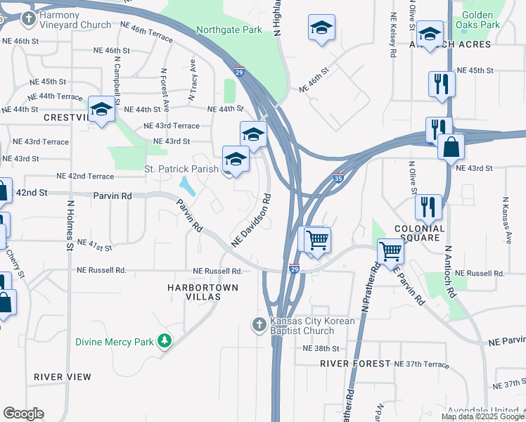 map of restaurants, bars, coffee shops, grocery stores, and more near 4133 Northeast Davidson Road in Kansas City