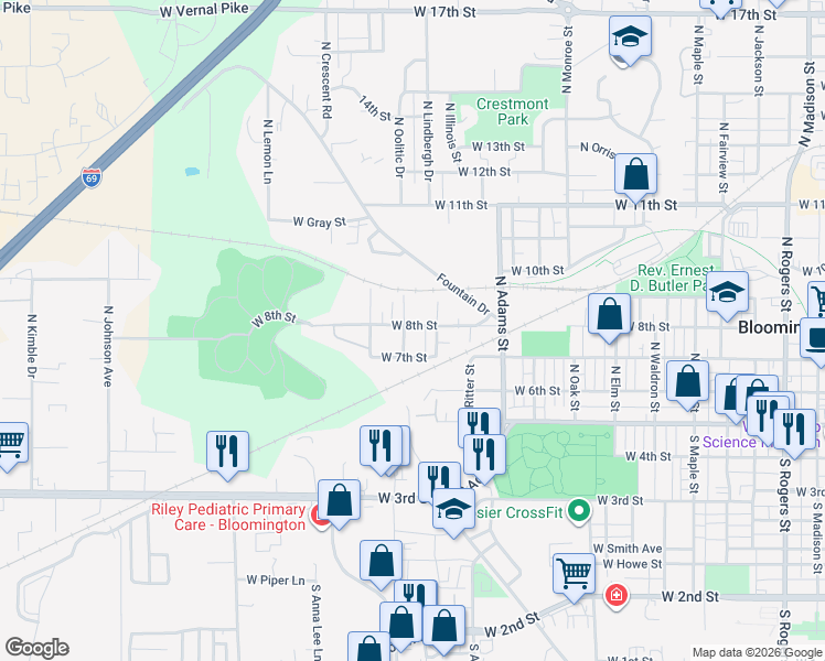 map of restaurants, bars, coffee shops, grocery stores, and more near 1521 West 8th Street in Bloomington