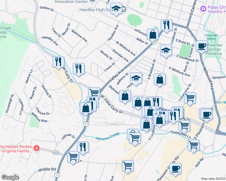 map of restaurants, bars, coffee shops, grocery stores, and more near 303 Bellview Avenue in Winchester