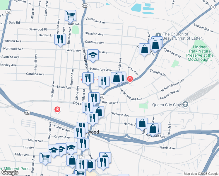 map of restaurants, bars, coffee shops, grocery stores, and more near 5159 Montgomery Road in Norwood