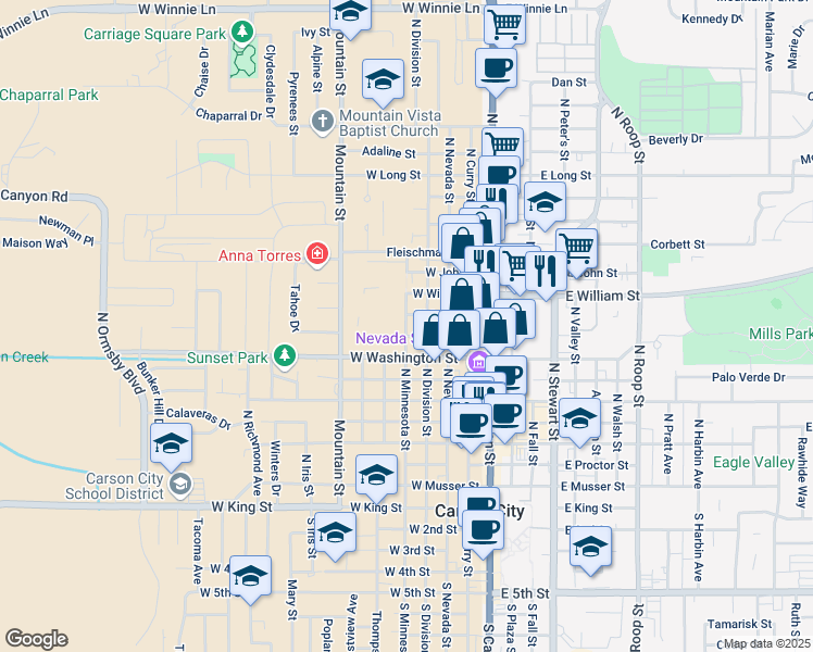 map of restaurants, bars, coffee shops, grocery stores, and more near 950 North Minnesota Street in Carson City