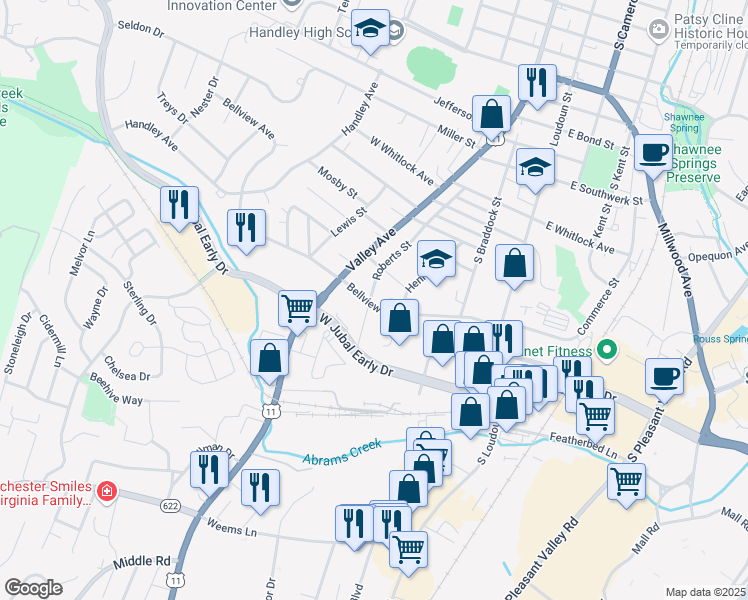 map of restaurants, bars, coffee shops, grocery stores, and more near 210 Bellview Avenue in Winchester