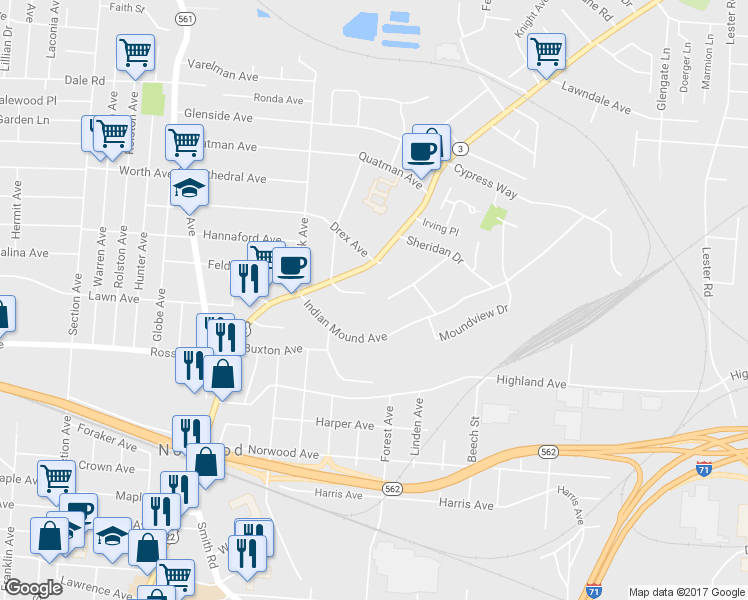 map of restaurants, bars, coffee shops, grocery stores, and more near 5308 Waltella Place in Cincinnati