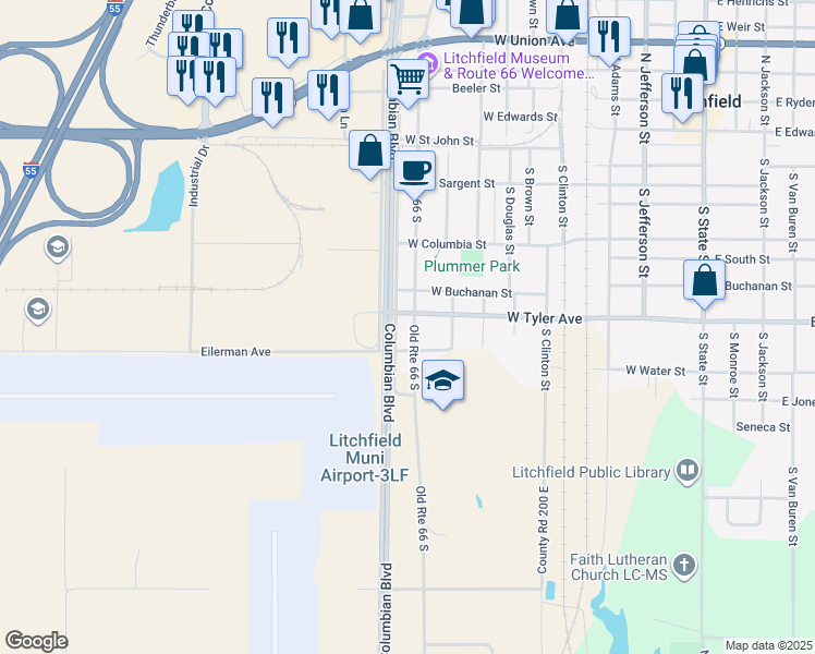 map of restaurants, bars, coffee shops, grocery stores, and more near 817 Old Route 66 South in Litchfield