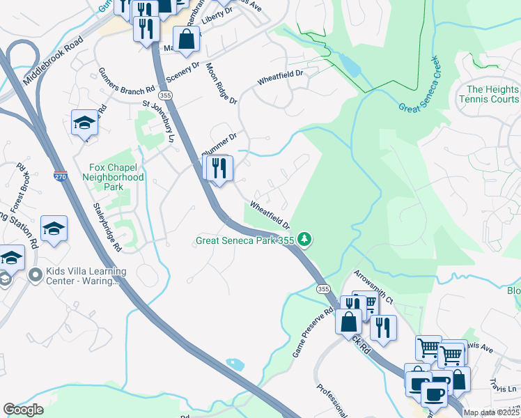 map of restaurants, bars, coffee shops, grocery stores, and more near 19050 Wheatfield Drive in Germantown