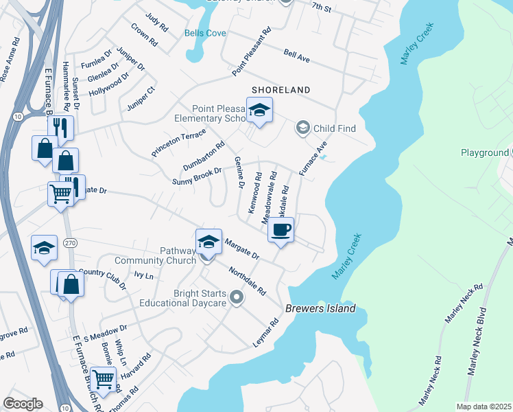map of restaurants, bars, coffee shops, grocery stores, and more near 1209 Kenwood Road in Glen Burnie